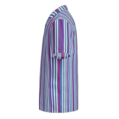 Good Wishes 365 navy blue short sleeve button shirt with vertical magenta and white stripes in a relaxed fit