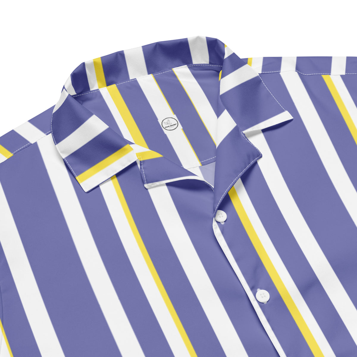 Good Wishes 365 periwinkle, white, and yellow vertical striped short sleeve button shirt with a classic camp collar.