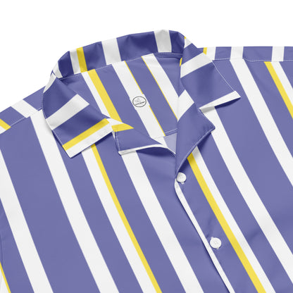 Good Wishes 365 periwinkle, white, and yellow vertical striped short sleeve button shirt with a classic camp collar.