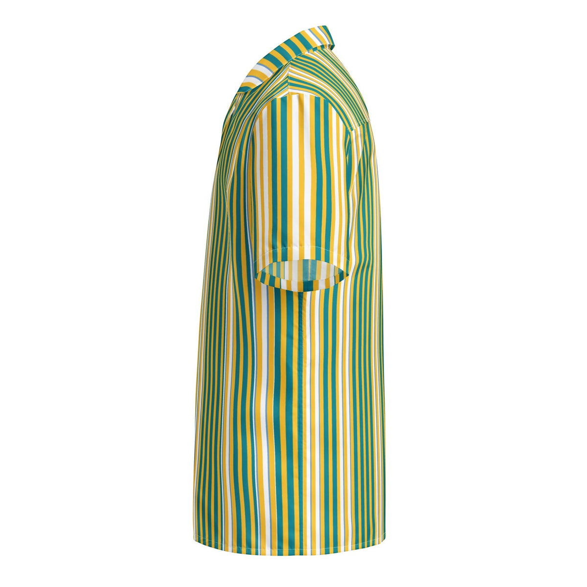 Good Wishes 365 men's short sleeve button shirt in yellow, blue, and white vertical stripes with a camp collar.