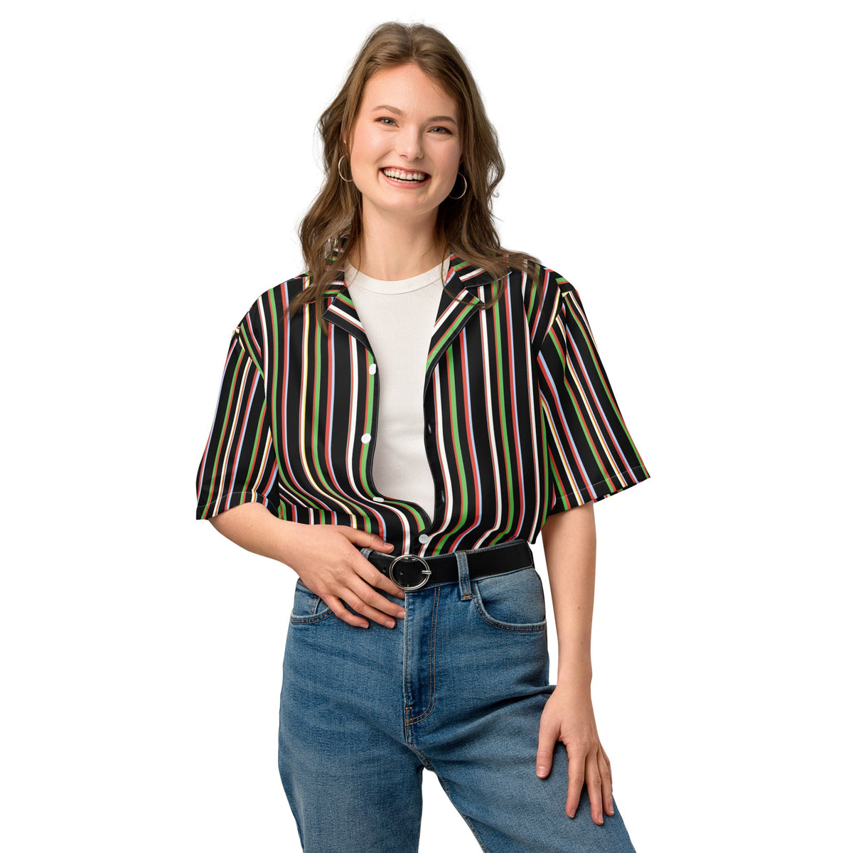 Good Wishes 365 black short sleeve button-up shirt with colorful vertical stripes worn by a smiling woman in jeans.