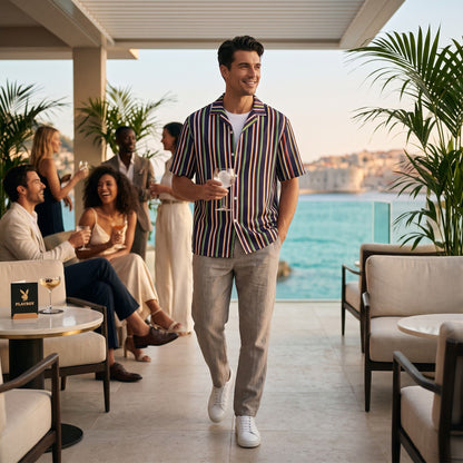 Good Wishes 365 unisex oversized button shirt with vertical stripes worn by a man at a coastal outdoor social event