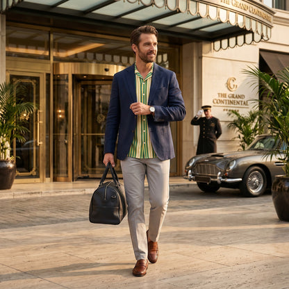 Good Wishes 365 man wearing a yellow and blue striped short sleeve button shirt under a navy blazer outside a hotel