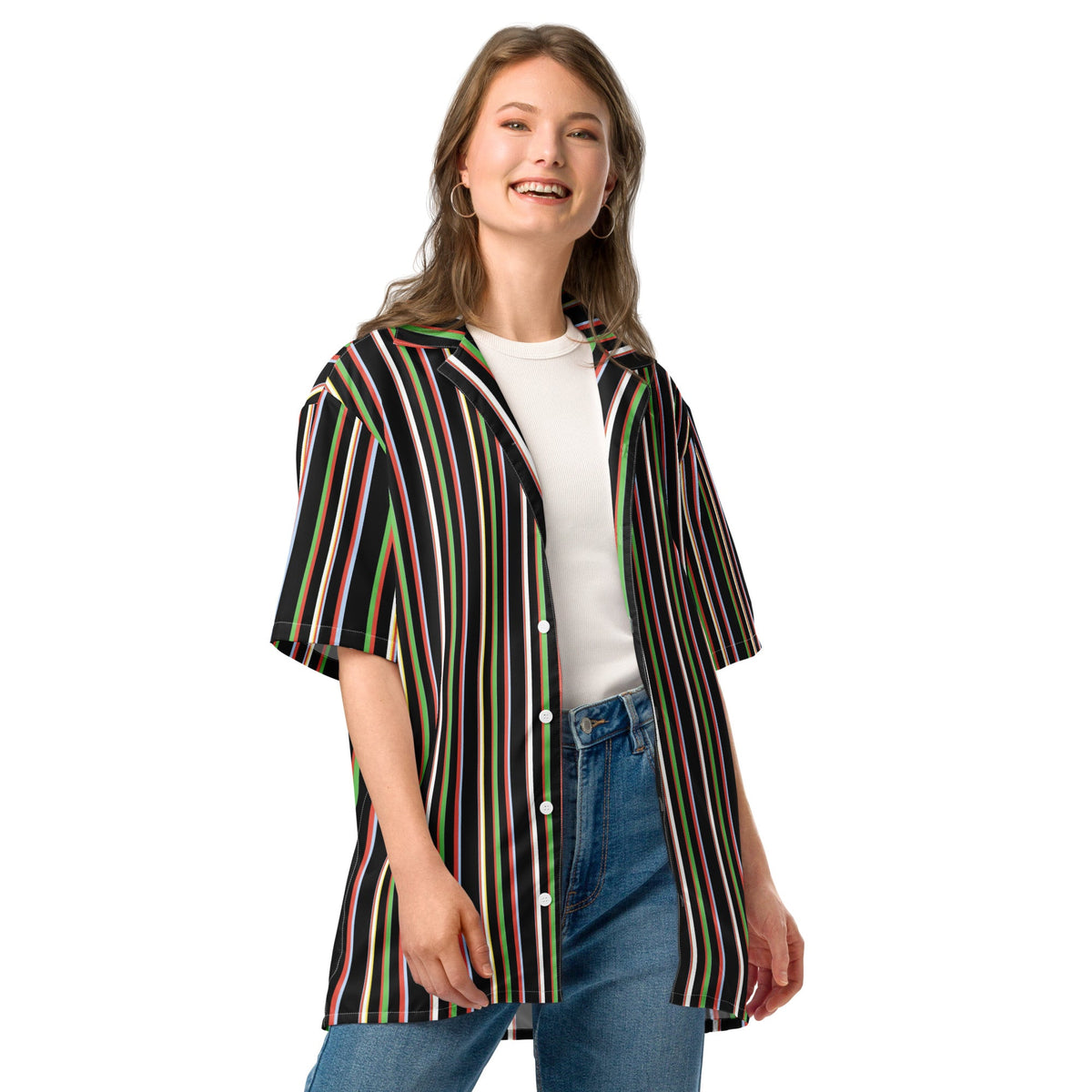 Good Wishes 365 black short sleeve button-up shirt with multicolor vertical stripes and a camp collar on a model