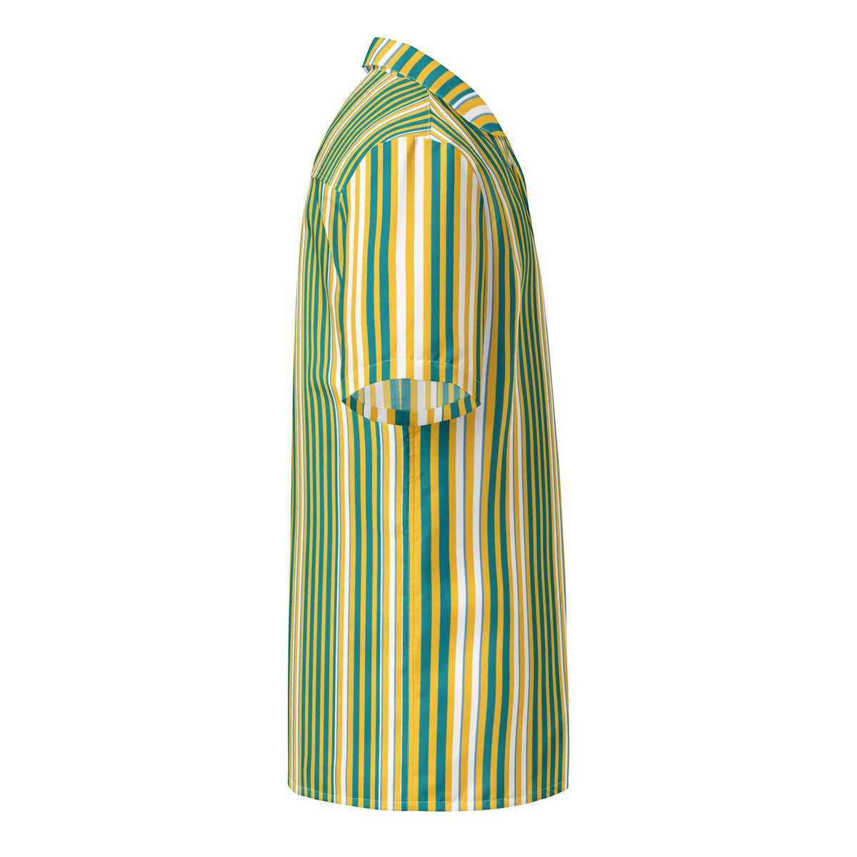 Good Wishes 365 men's short sleeve button shirt in yellow, blue, and white vertical stripes with a camp collar.