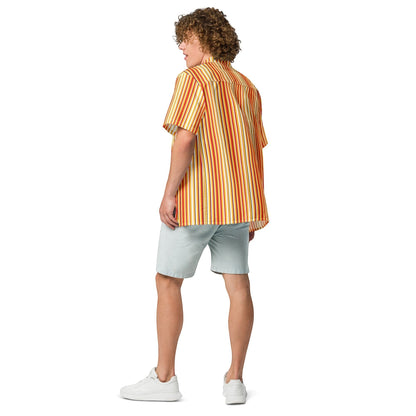Good Wishes 365 men's oversized short sleeve button shirt with yellow and orange vertical stripes, back view