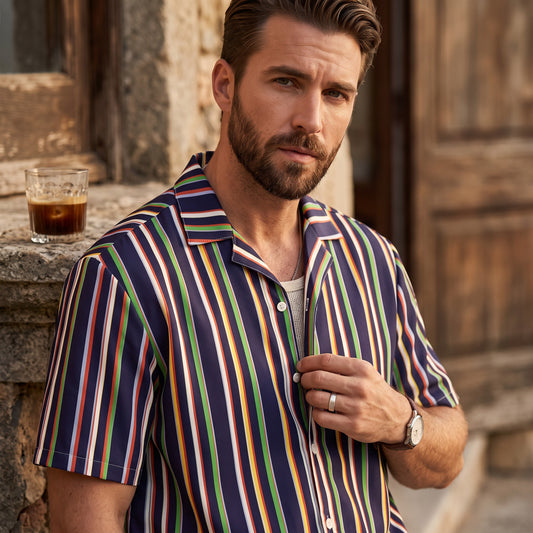 Good Wishes 365 unisex oversized button shirt with colorful vertical stripes in a lightweight moisture-wicking fabric