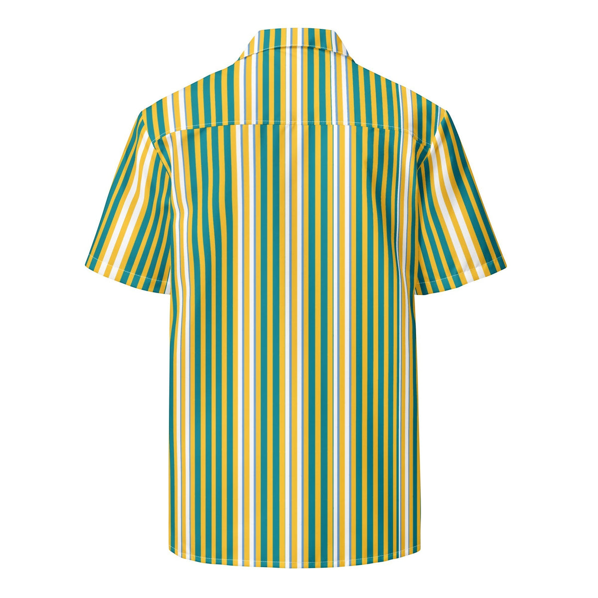 Back view of a Good Wishes 365 short sleeve button shirt with yellow, blue, and white vertical stripes.