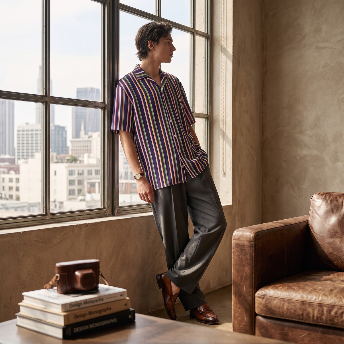Good Wishes 365 unisex oversized button shirt with vertical multi-colored stripes, worn by a man by a city window.