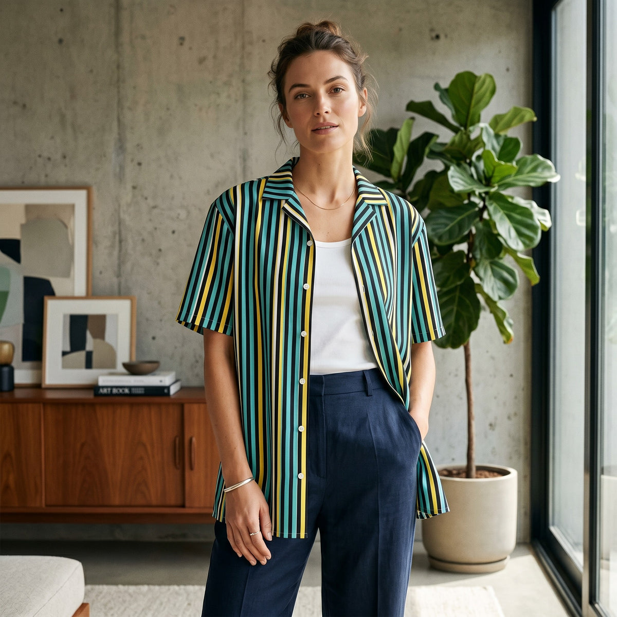 Good Wishes 365 unisex oversized button shirt with vertical stripes in teal, yellow, and white, worn over a white tank.