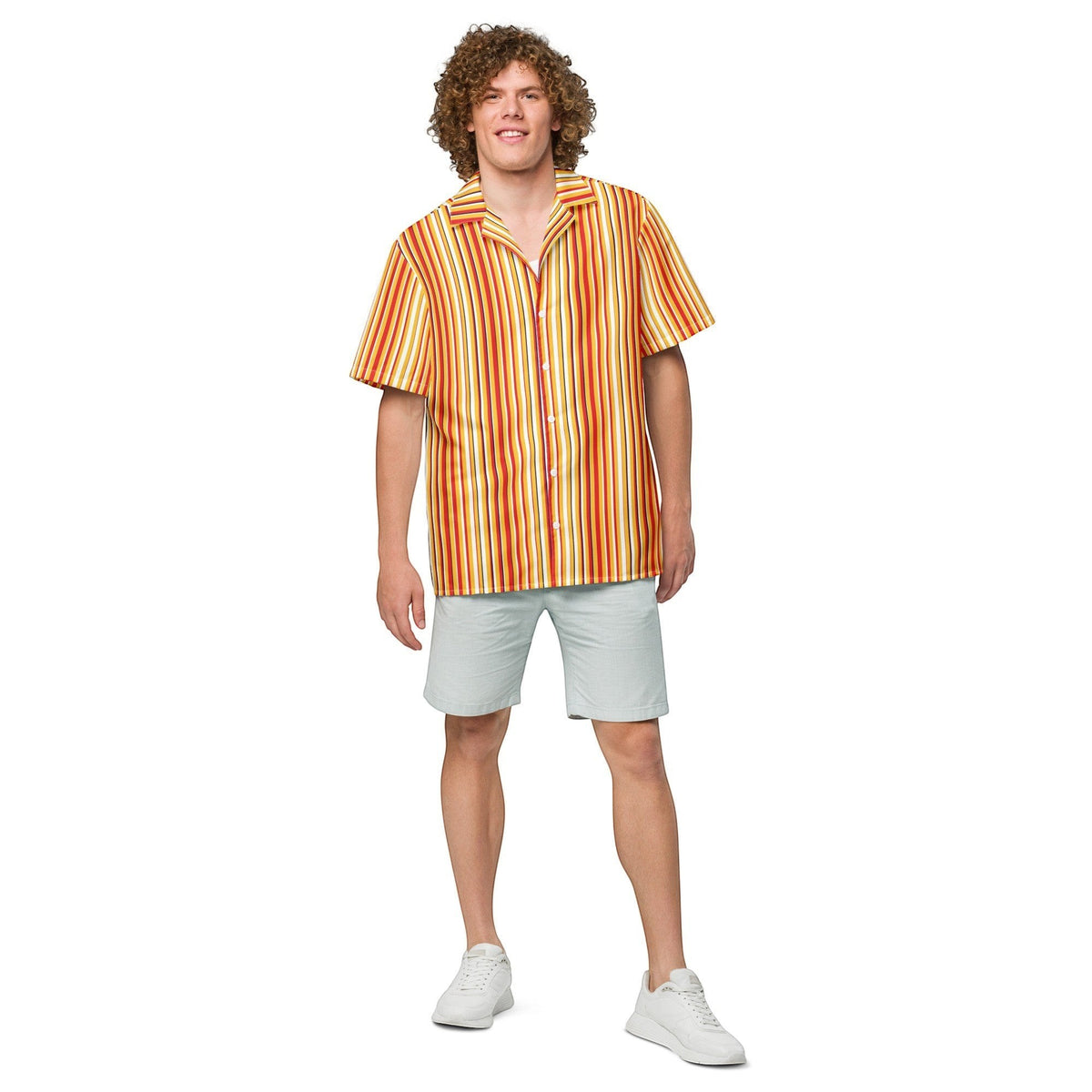 Good Wishes 365 men's oversized yellow and blue striped short sleeve button-down shirt with a camp collar.