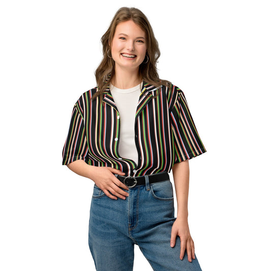Good Wishes 365 black short sleeve button-up shirt with multicolor vertical stripes and a camp collar on a woman.