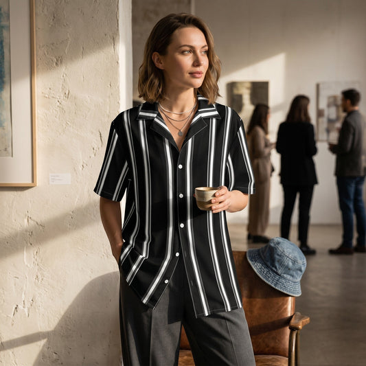 Good Wishes 365 unisex oversized button-down shirt with black and white vertical stripes in a gallery setting.
