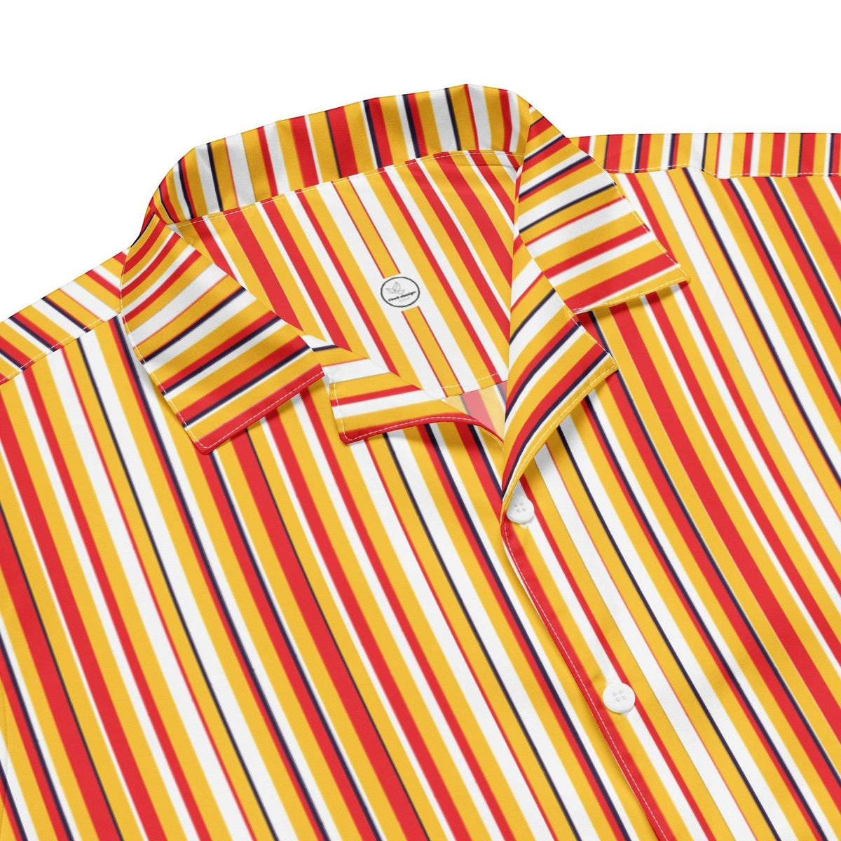 Good Wishes 365 men's oversized short sleeve button shirt in yellow, red, and blue vertical stripes.