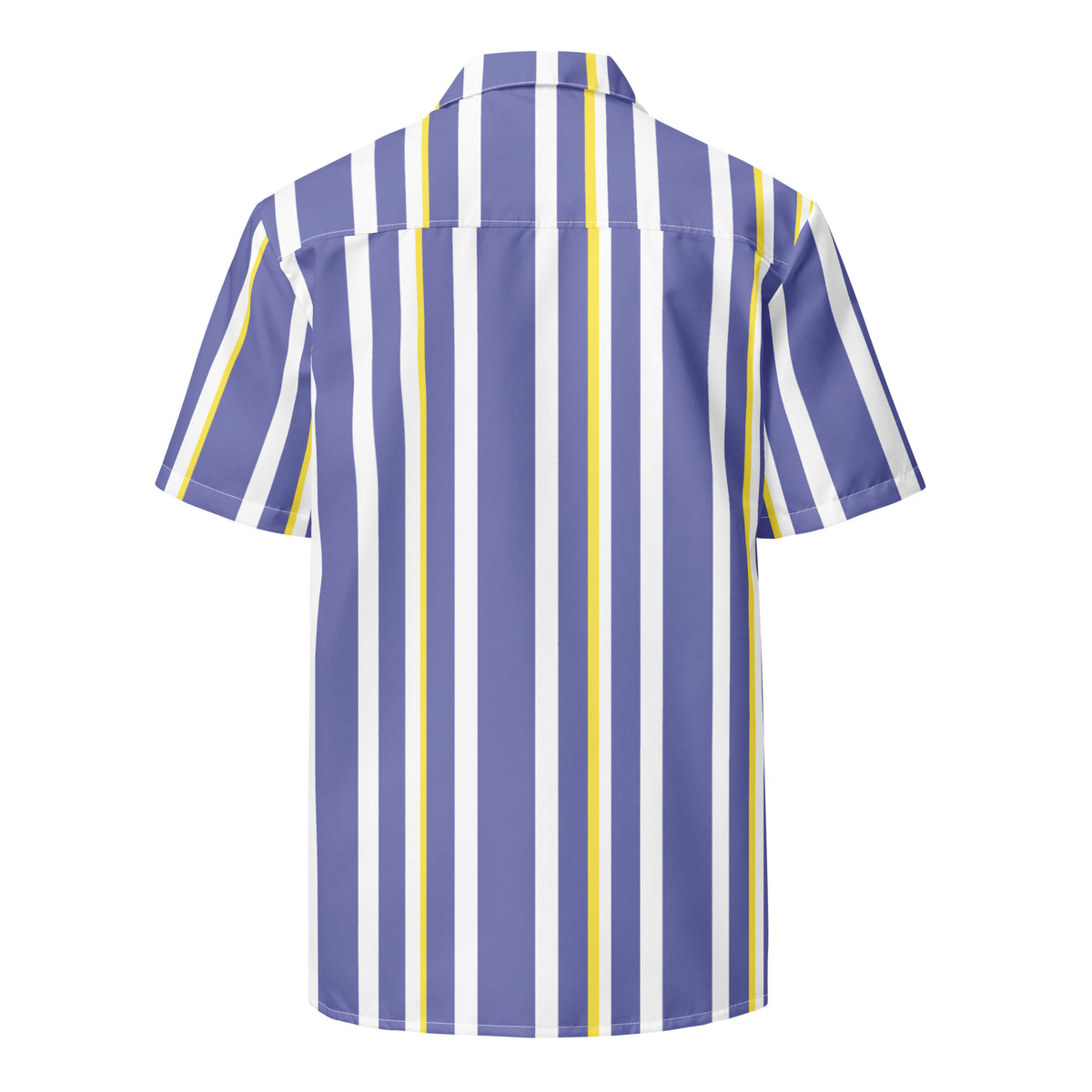 Good Wishes 365 men's short sleeve button shirt in periwinkle, white, and yellow vertical stripes with a camp collar.