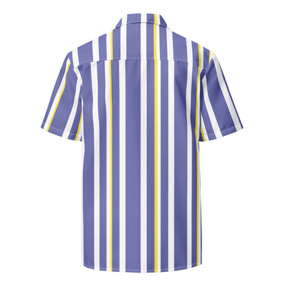 Good Wishes 365 men's short sleeve button shirt in periwinkle, white, and yellow vertical stripes with a camp collar.