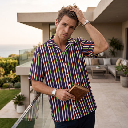 Good Wishes 365 unisex oversized button shirt with a multi-colored vertical stripe pattern on a dark base