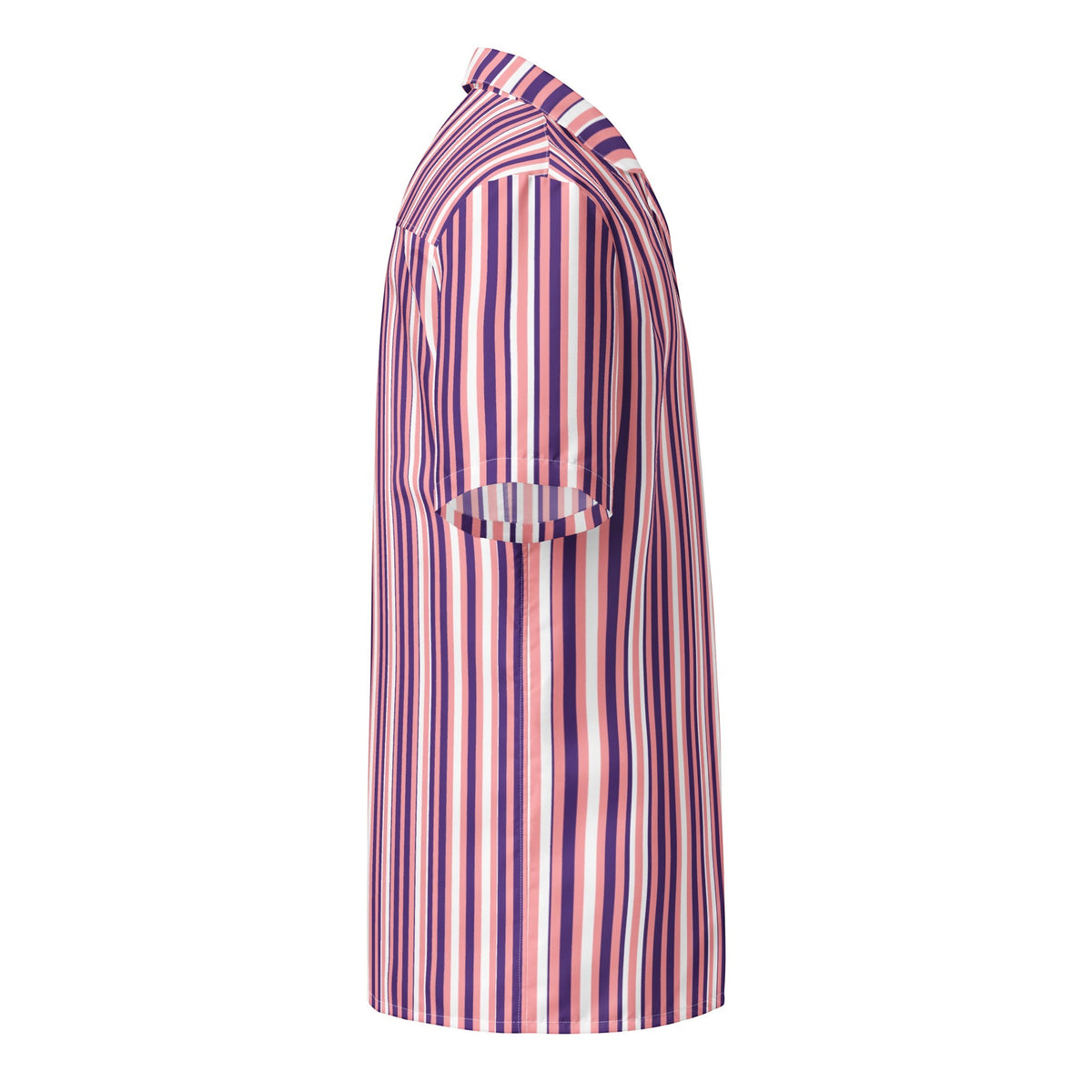 Good Wishes 365 men's short sleeve button shirt with a vertical purple, pink, and white stripe pattern and camp collar.
