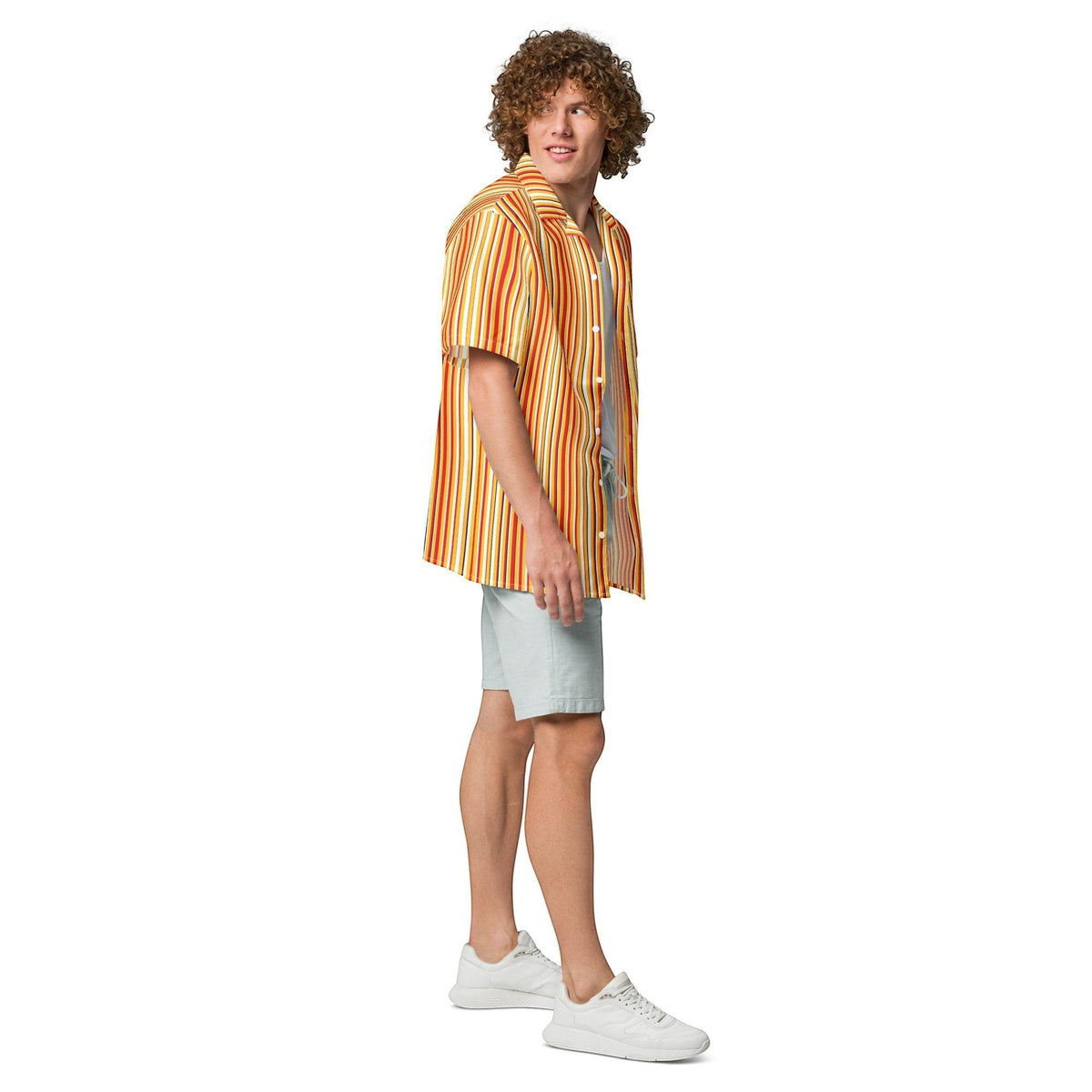 Good Wishes 365 men's oversized yellow and blue striped short sleeve button shirt with moisture-wicking fabric.