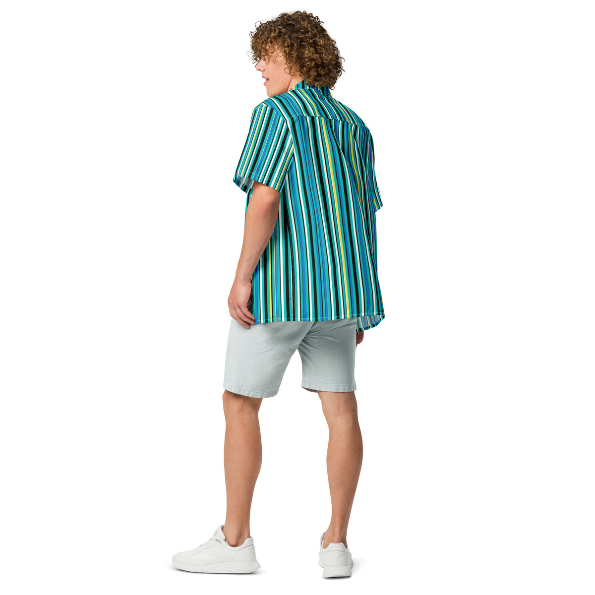 Good Wishes 365 men's oversized button-up shirt with vertical teal, green, and yellow stripes. Made from recycled polyester.