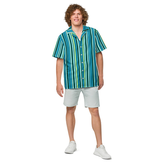 Good Wishes 365 men's oversized short-sleeve button-up shirt with teal, green, and yellow vertical stripes. Made of recycled polyester.
