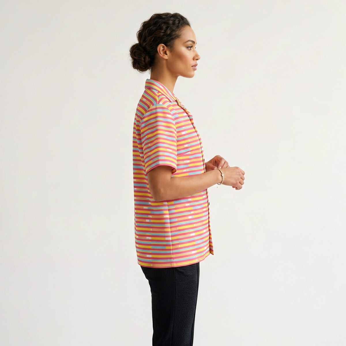 Good Wishes 365 unisex short sleeve button-up shirt in dark pink, yellow, and blue stripes with a camp collar.