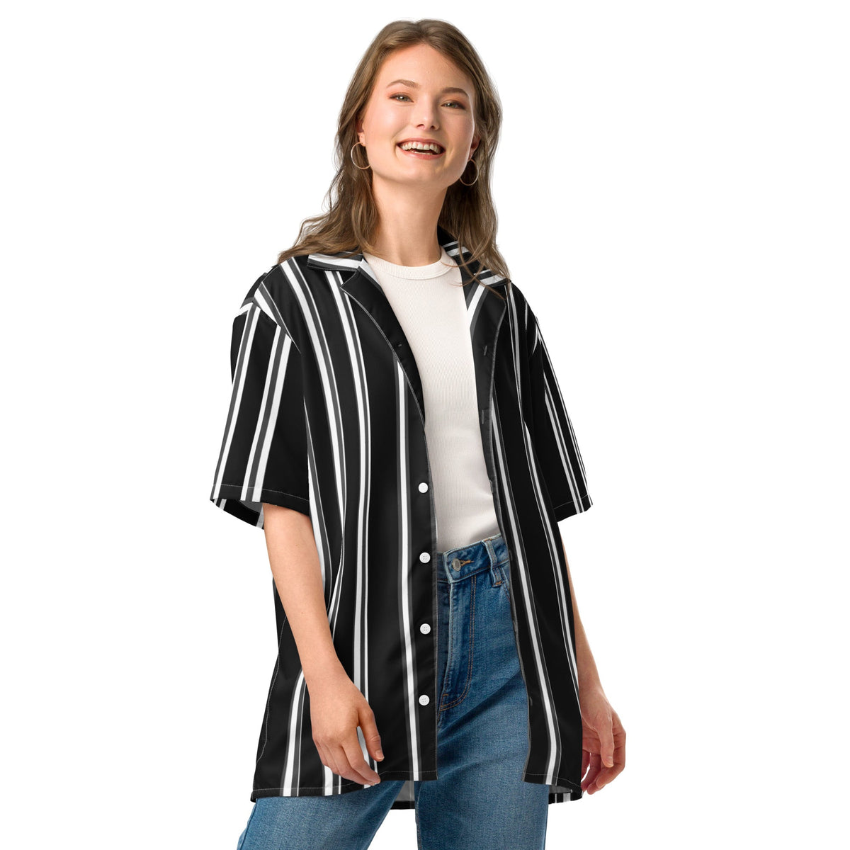 Good Wishes 365 black and white vertical striped short sleeve button-up shirt worn open over a white t-shirt and jeans.