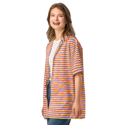 Good Wishes 365 unisex short sleeve button-up shirt with dark pink, yellow, and blue horizontal stripes on a model.