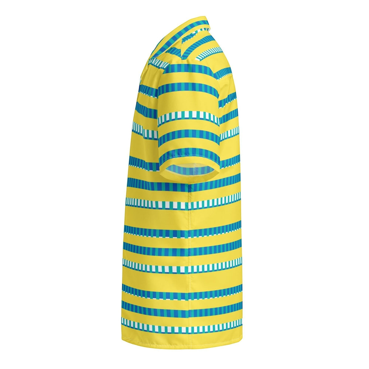 Good Wishes 365 casual short sleeve button-up shirt in yellow, blue, and white horizontal stripes with a camp collar.