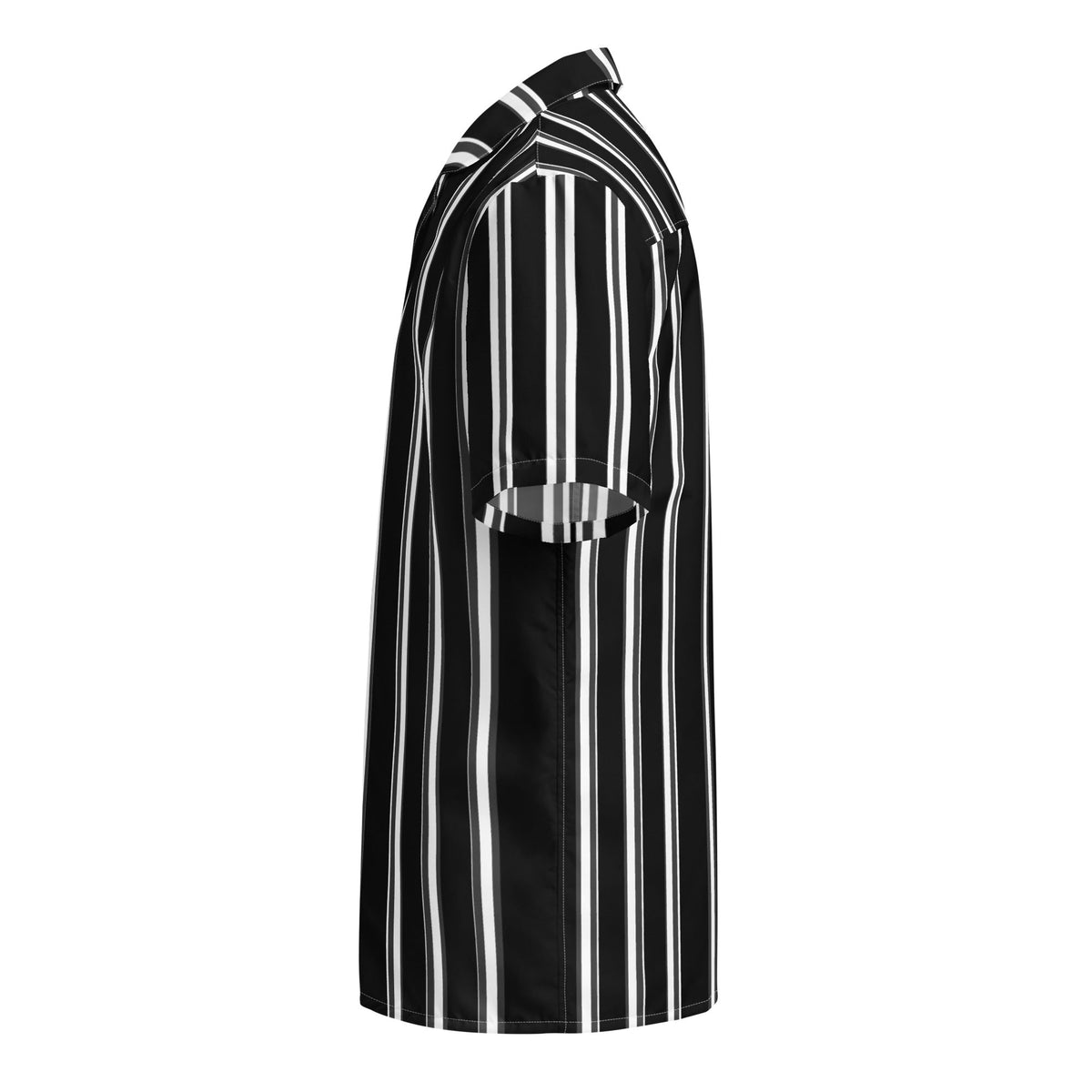 Good Wishes 365 black and white vertical striped short sleeve button-up shirt with a camp collar in an oversized fit.