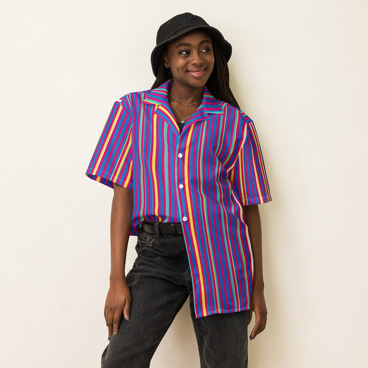 Good Wishes 365 model wearing a purple multicolor striped short sleeve button-up shirt with UPF50+ sun protection.