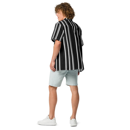 Good Wishes 365 unisex short sleeve button-up shirt with black and white vertical stripes and a relaxed camp collar.