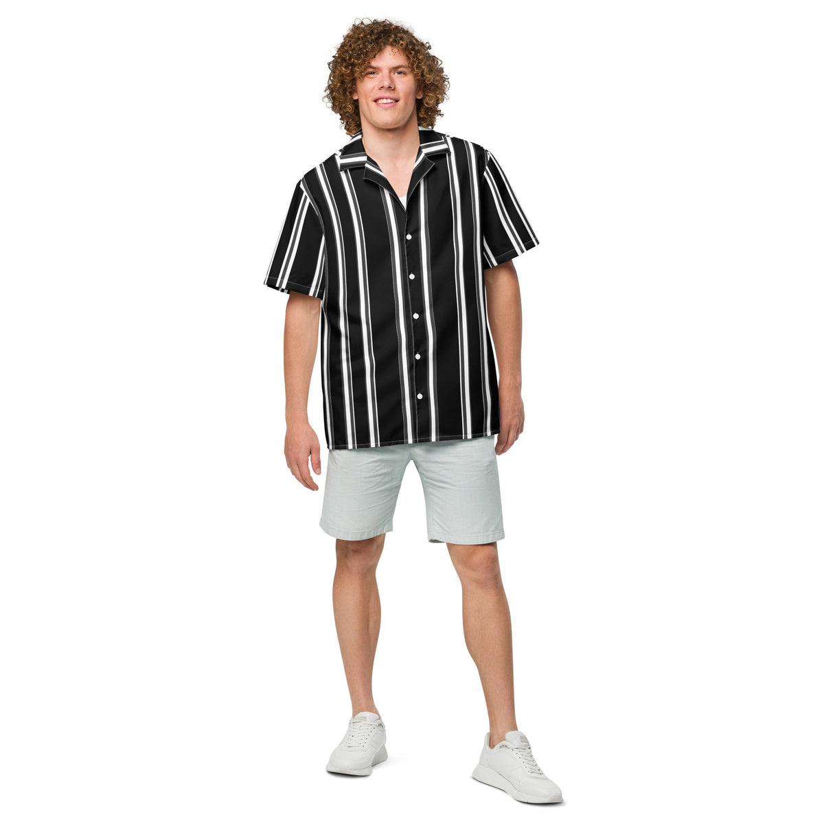 Good Wishes 365 unisex black and white vertical striped short sleeve button-up shirt with a camp collar.