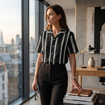 Good Wishes 365 black and white vertical striped short sleeve button-up shirt worn by a woman in a modern office.