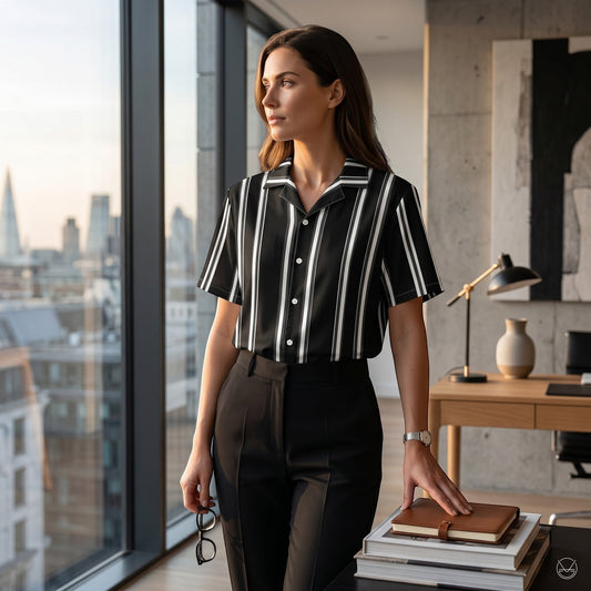 Good Wishes 365 black and white vertical striped short sleeve button-up shirt worn by a woman in a modern office.