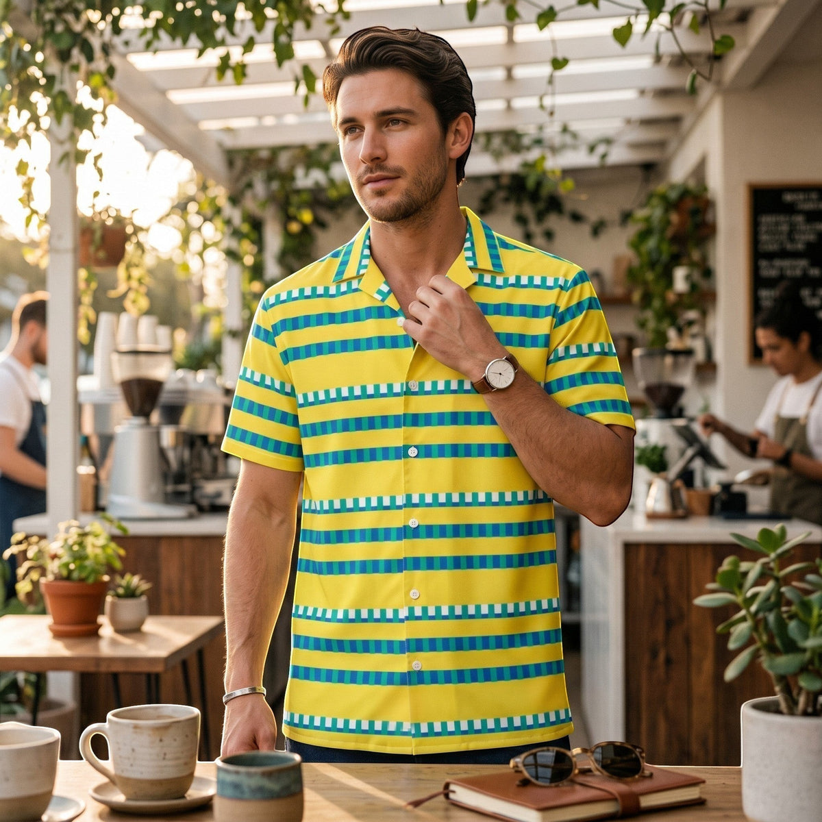 Good Wishes 365 men's short sleeve button-up shirt with yellow, blue, and white horizontal stripes and camp collar.