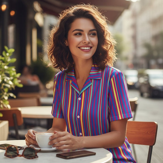 Good Wishes 365 woman wearing a purple multicolor striped short sleeve button-up shirt at an outdoor cafe