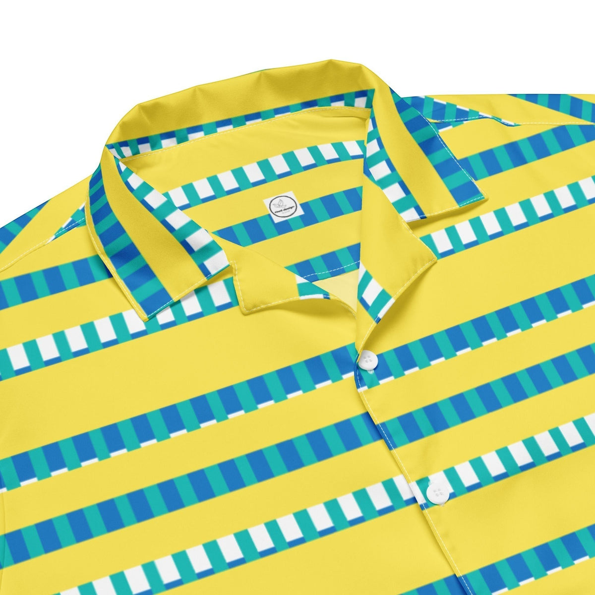 Good Wishes 365 casual short sleeve button-up shirt featuring a vibrant yellow, blue, and white horizontal stripe pattern.