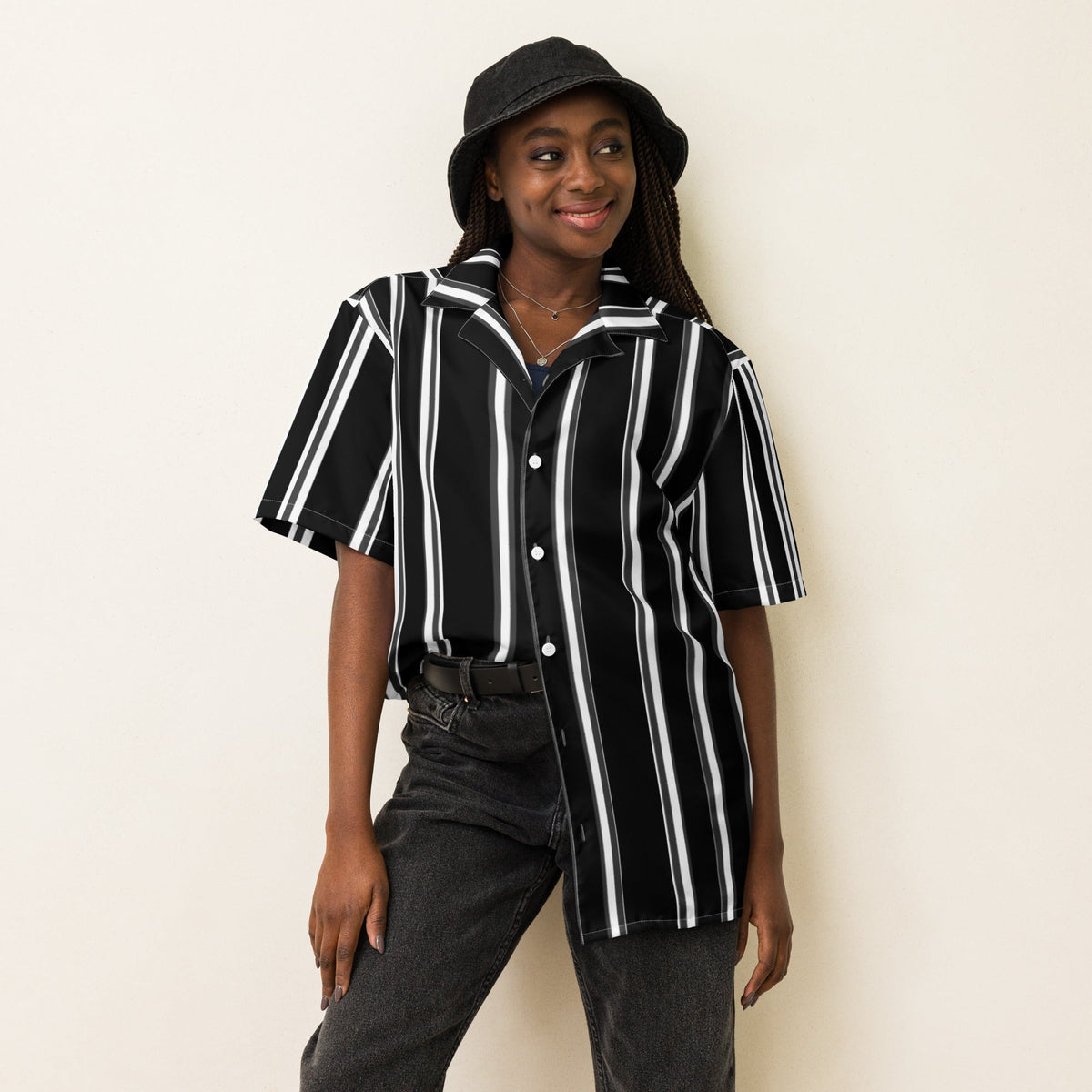 Good Wishes 365 black and white vertical striped short sleeve button-up shirt worn by a woman in a bucket hat.