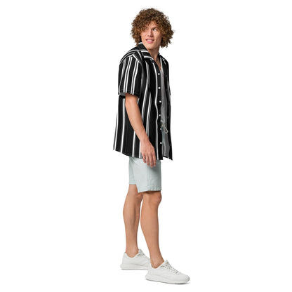 Good Wishes 365 unisex black and white vertical striped short sleeve button-up shirt with a camp collar on a model.