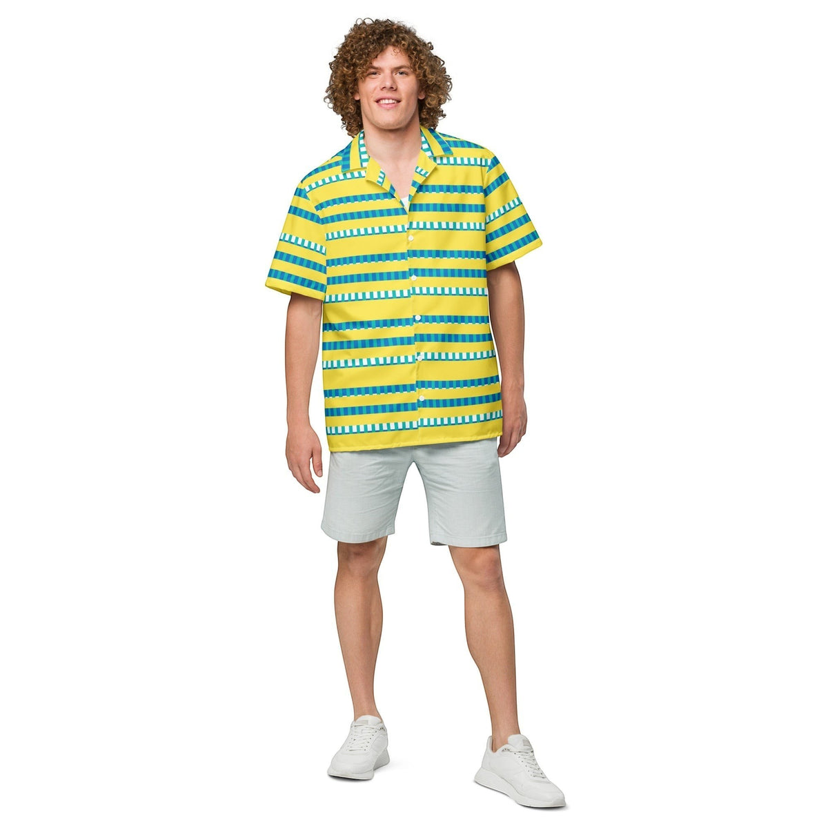 Good Wishes 365 unisex short sleeve button-up shirt with yellow, blue, and white horizontal stripes and camp collar.