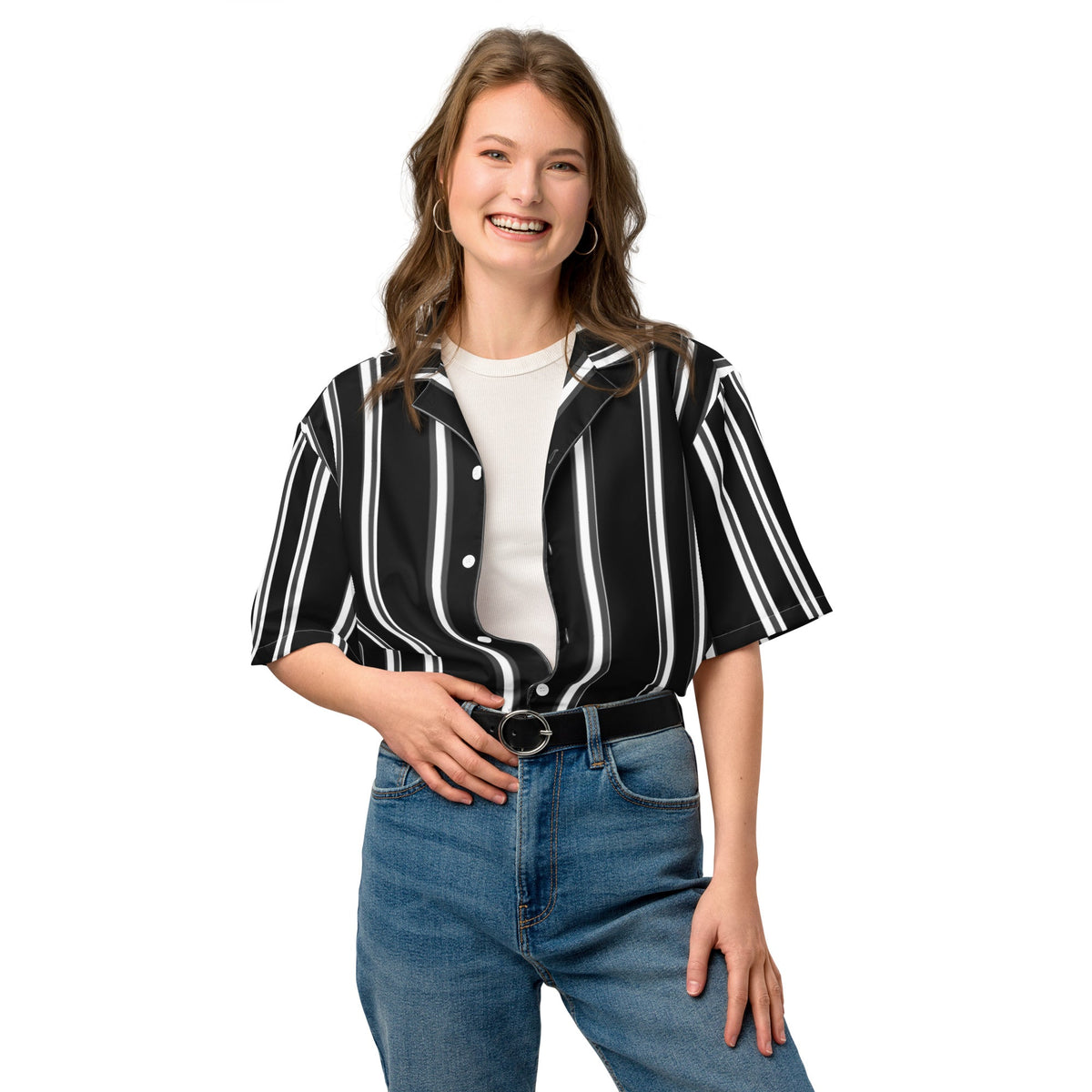 Good Wishes 365 black and white vertical striped short sleeve button-up shirt with UPF50+ protection on a model.