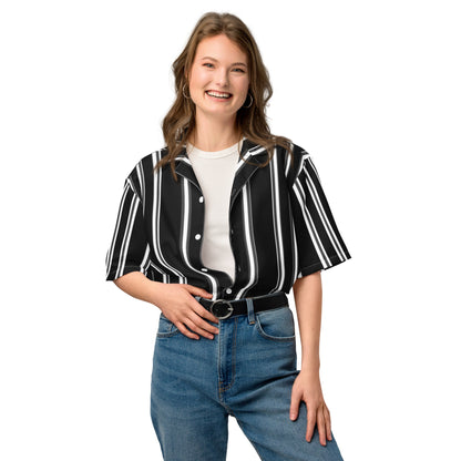 Good Wishes 365 black and white vertical striped short sleeve button-up shirt with UPF50+ protection on a model.