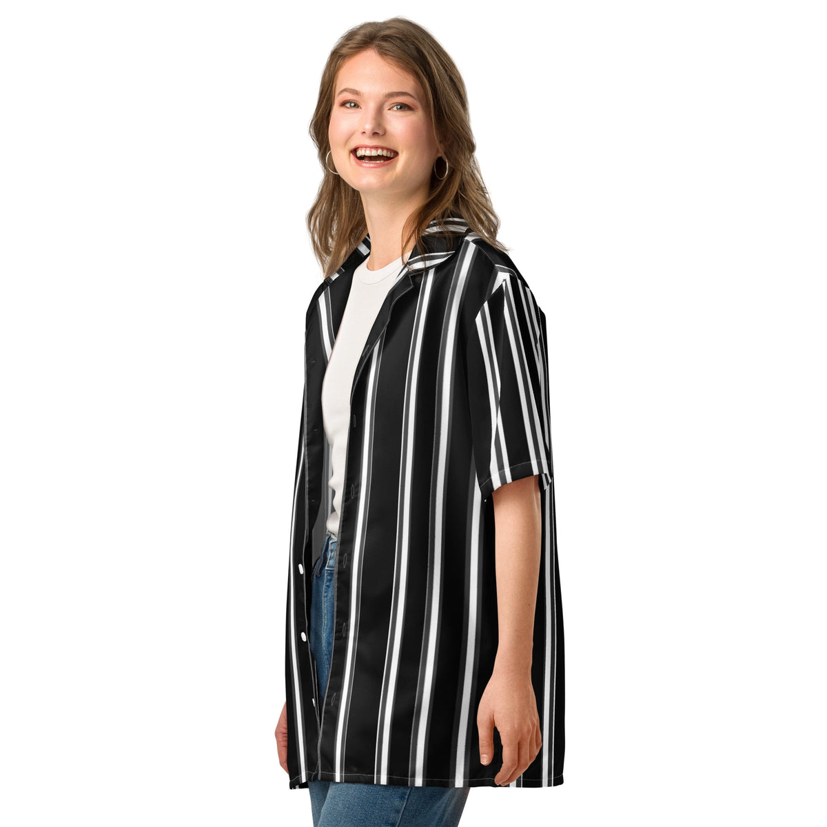 Good Wishes 365 black and white vertical striped short sleeve button-up shirt worn by a smiling woman.