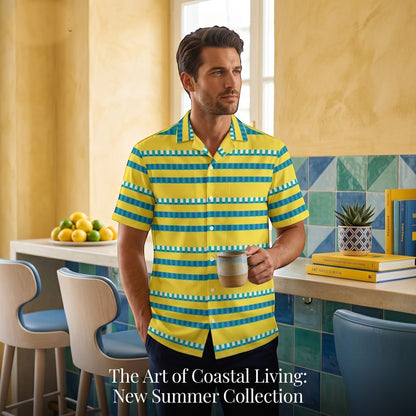 Good Wishes 365 men's short sleeve button-up shirt with yellow and blue horizontal stripes and a camp collar.
