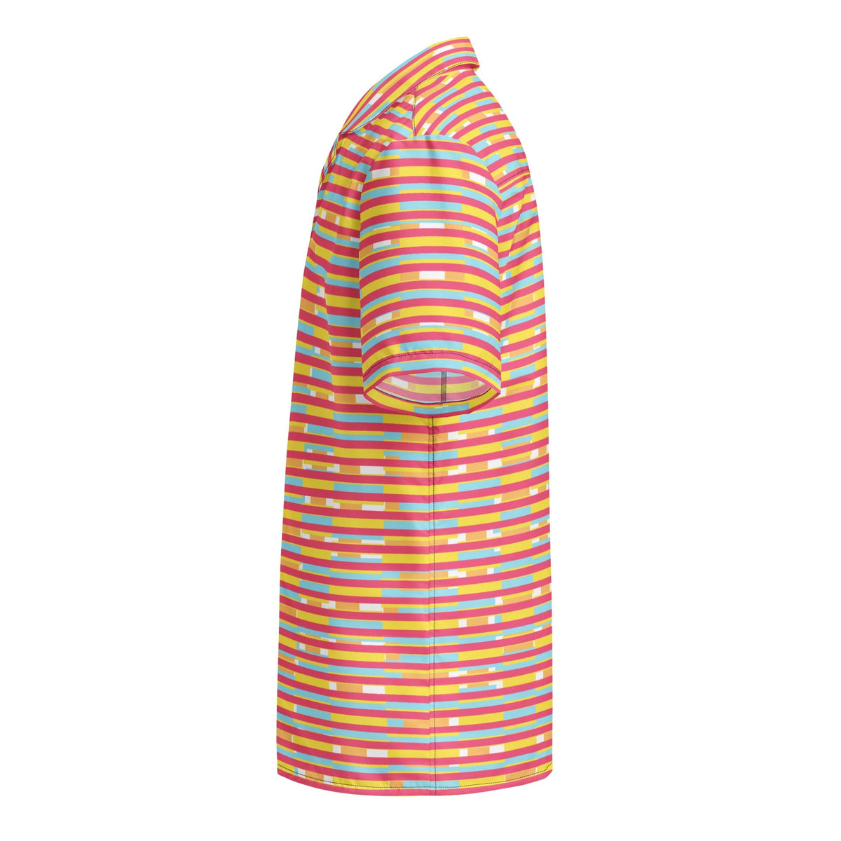 Good Wishes 365 side view of a dark pink multicolor striped short sleeve button-up shirt with a camp collar.
