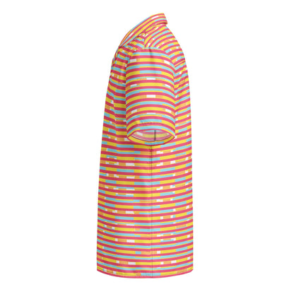 Good Wishes 365 side view of a dark pink multicolor striped short sleeve button-up shirt with a camp collar.