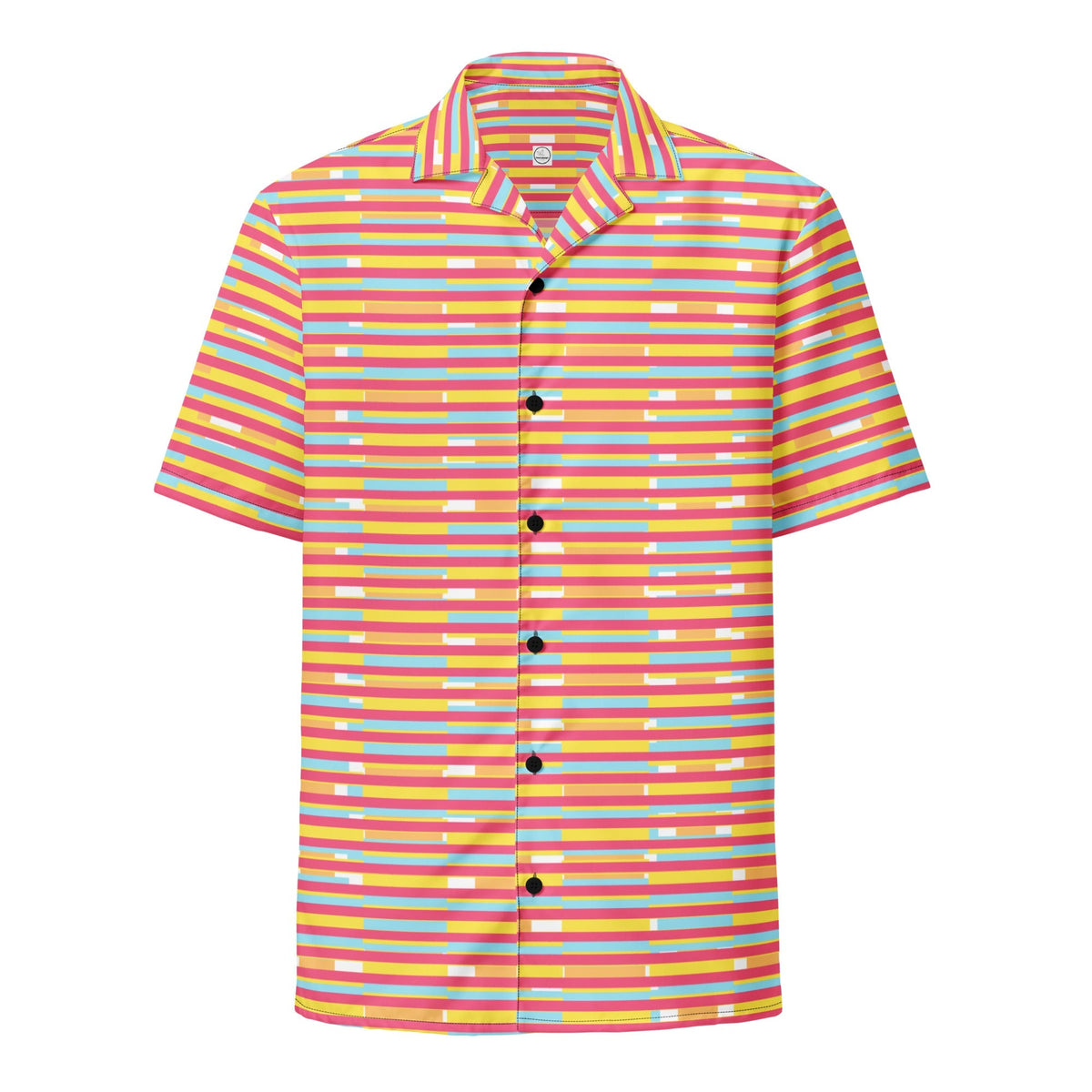 Good Wishes 365 unisex short sleeve button-up shirt in dark pink, yellow, and blue multicolor stripes with camp collar.