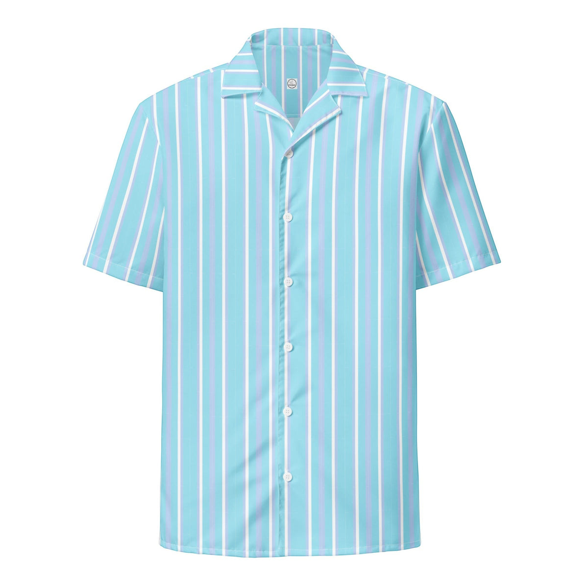Good Wishes 365 light blue and white vertical striped short sleeve button-up shirt with a camp collar and UPF50+.