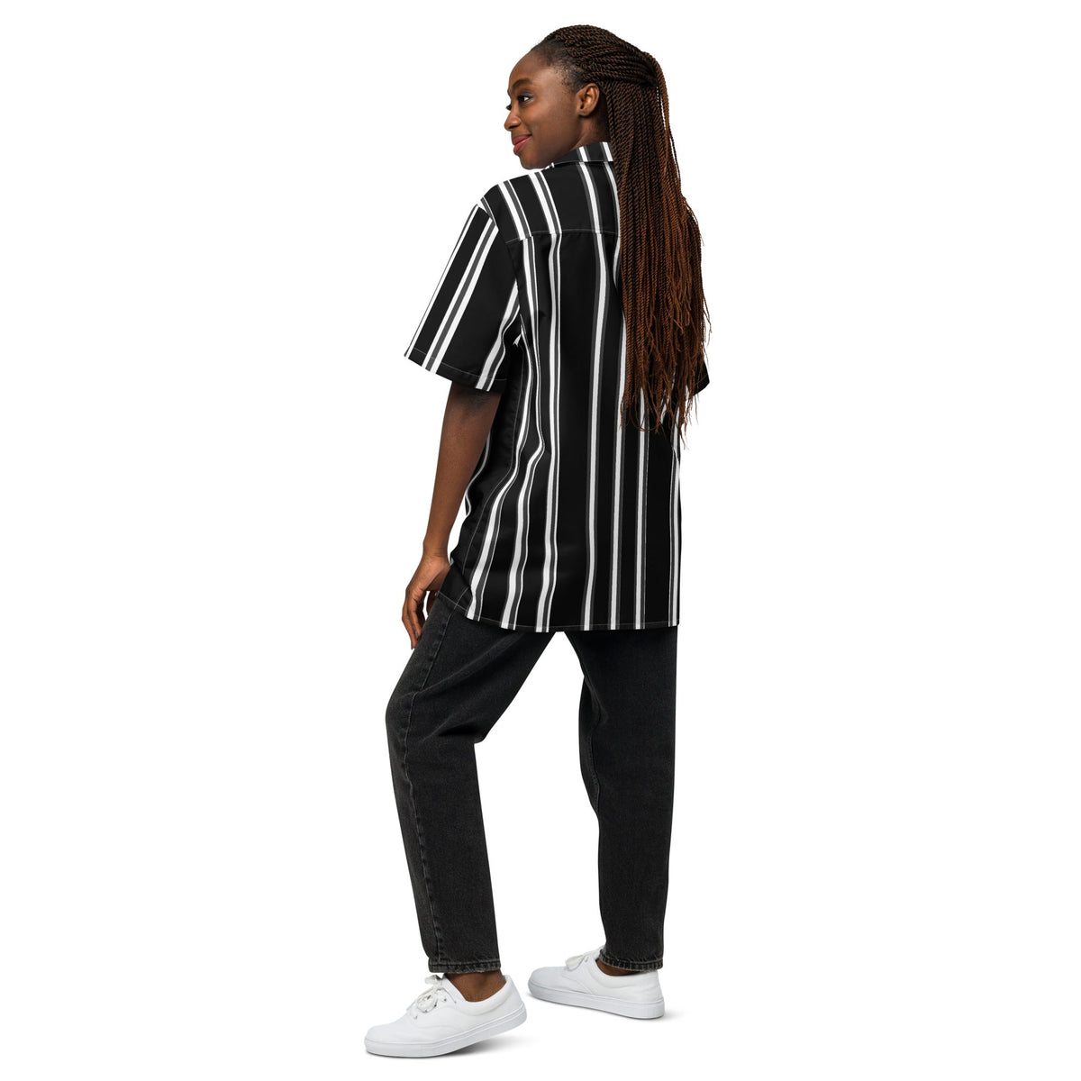 Good Wishes 365 black and white vertical striped short sleeve button-up shirt worn by a woman with braided hair.